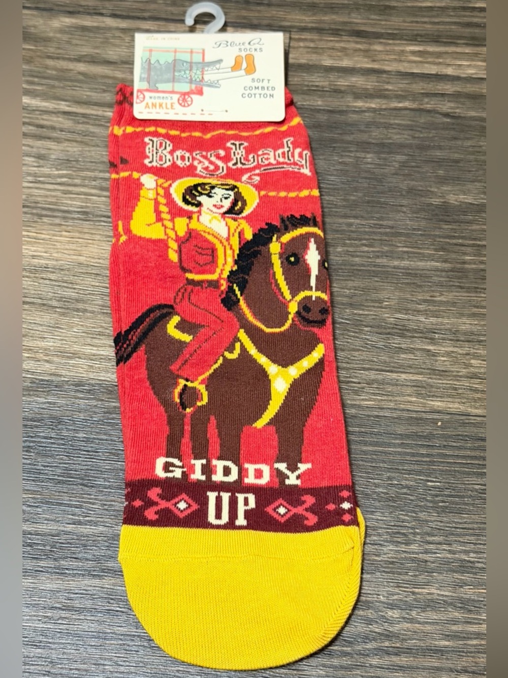 Blue Q "Boss Lady Giddy Up" Red & Yellow Novelty Socks
